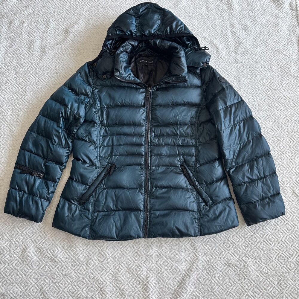 Andrew Marc Mens L Hooded Down Puffer Jacket Teal 650 Fill Power Winter Coat